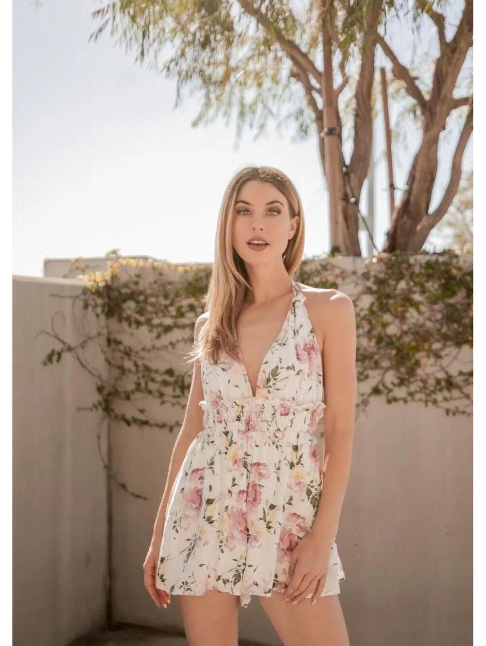 Verte White Floral Halter Romper with Pink Floral Print